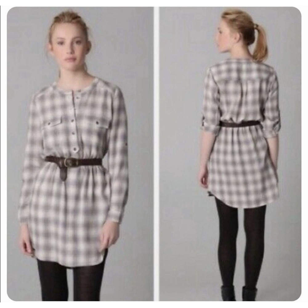 Broadway & Broome Women's Gray Plaid‎ Tunic Top Roll Tab Long Sleeves Size XS